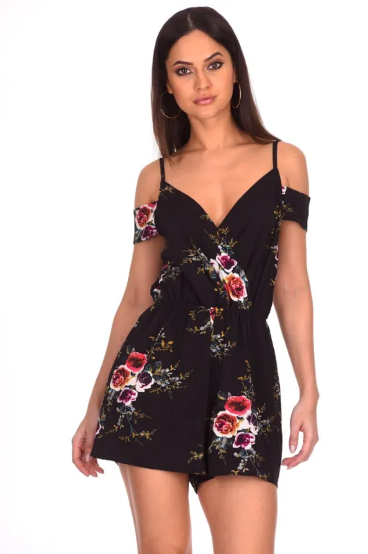 Black Floral Printed Cold Shoulder Playsuit sold by AX Paris