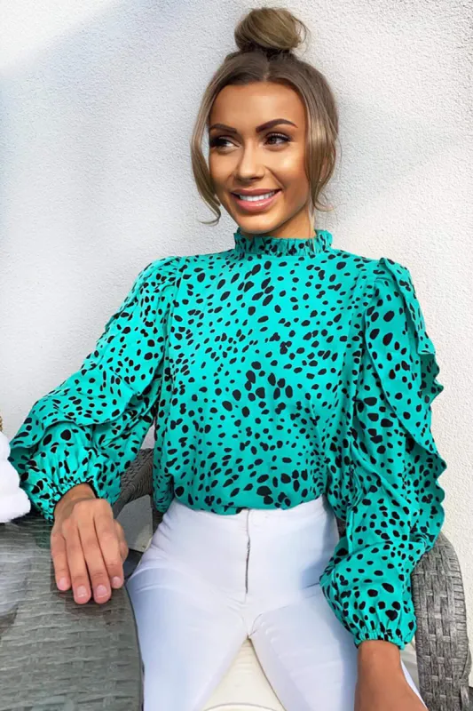 Green Spotty Frill Sleeve Top sold by AX Paris