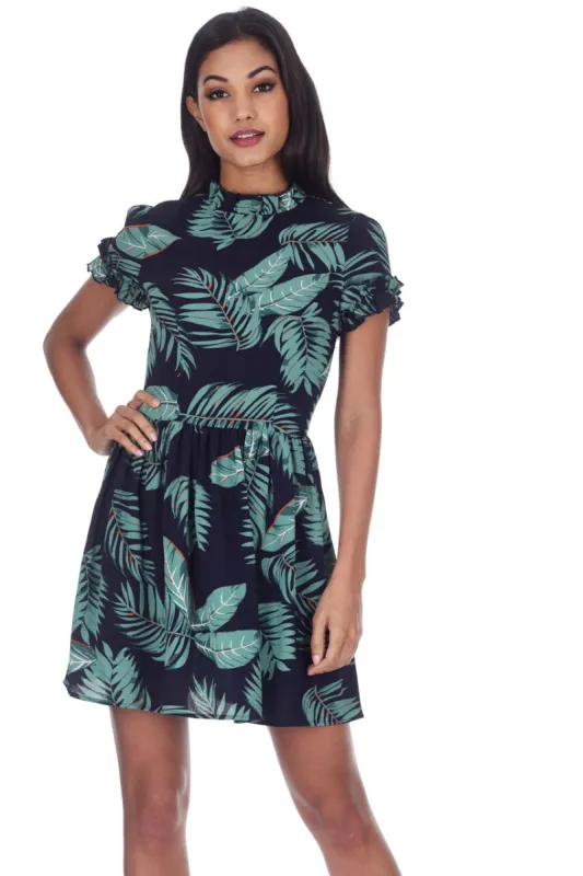 Navy Leaf Printed Mini Dress sold by AX Paris