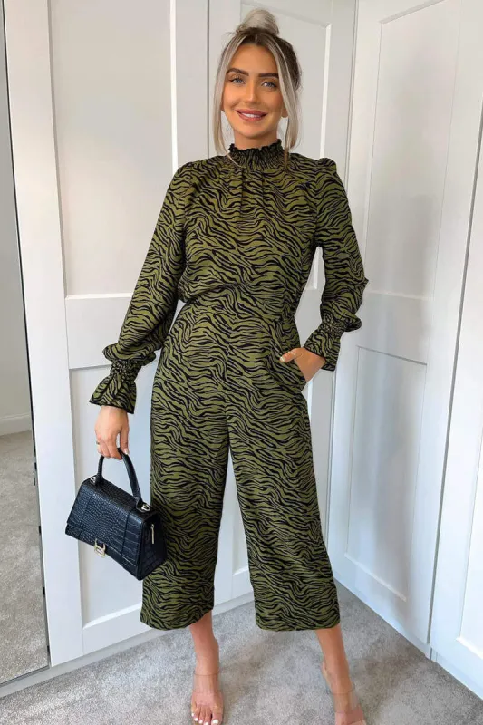 Khaki Animal Print Long Sleeve High Neck Jumpsuit sold by AX Paris