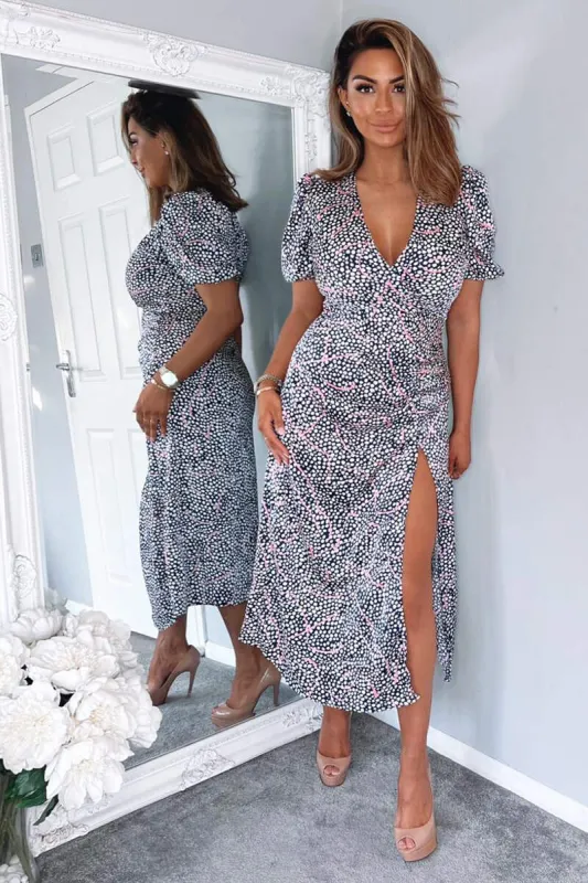 Navy White And Pink Printed Ruched Side Midi Dress sold by AX Paris