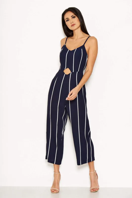 Navy Striped Cut Out Waist Jumpsuit sold by AX Paris