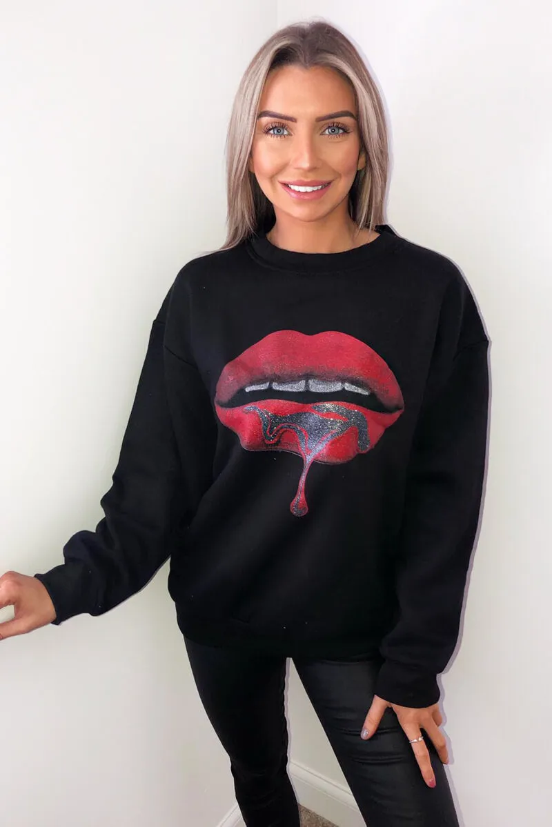 Black Red Lips Sweatshirt sold by AX Paris