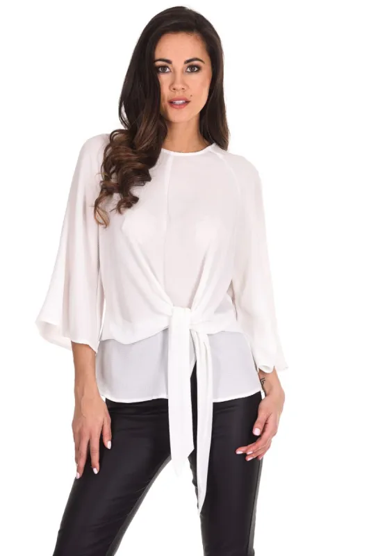 Cream Tie Waist Flared Sleeve Top sold by AX Paris