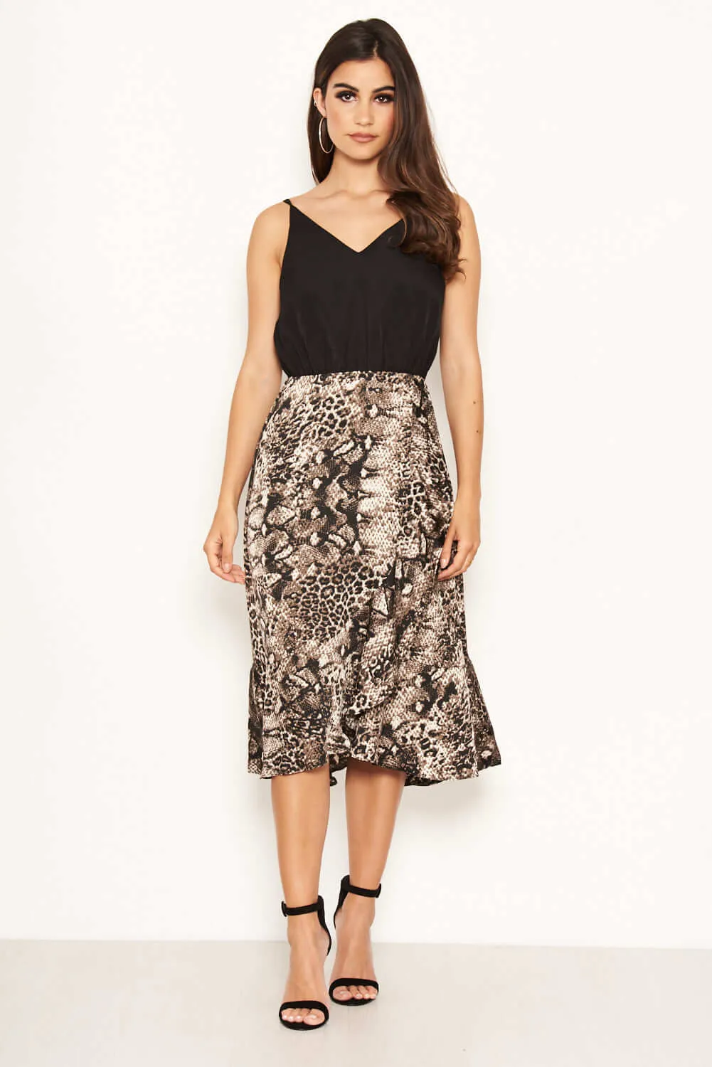 Black And Grey Animal Print 2 In 1 Frill Hem Midi Dress sold by AX Paris product image thumbnail 2