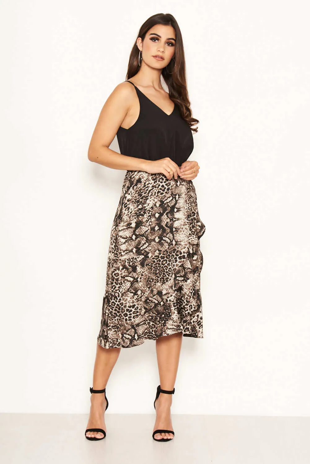 Black And Grey Animal Print 2 In 1 Frill Hem Midi Dress sold by AX Paris product image thumbnail 3