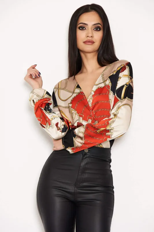 Black Printed Wrap Bodysuit sold by AX Paris