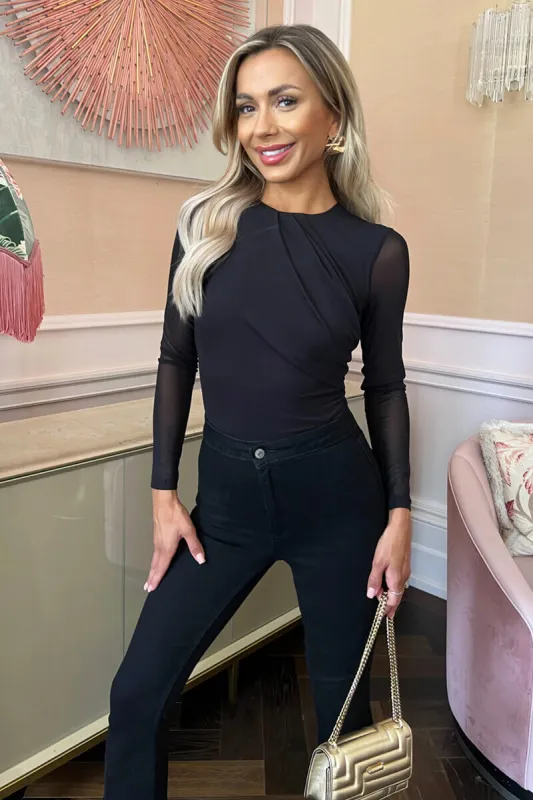 Black Long Sleeve Pleat Detail Mesh Bodysuit sold by AX Paris