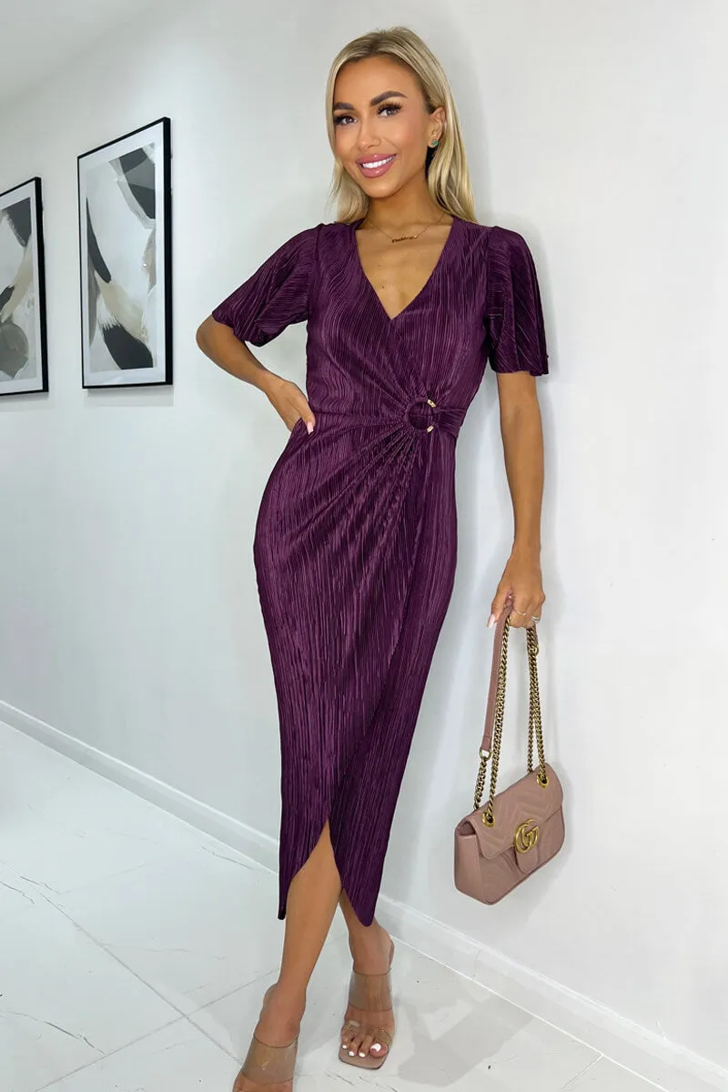 Plum Short Sleeve Plisse Wrap Midi Dress sold by AX Paris product image thumbnail 3