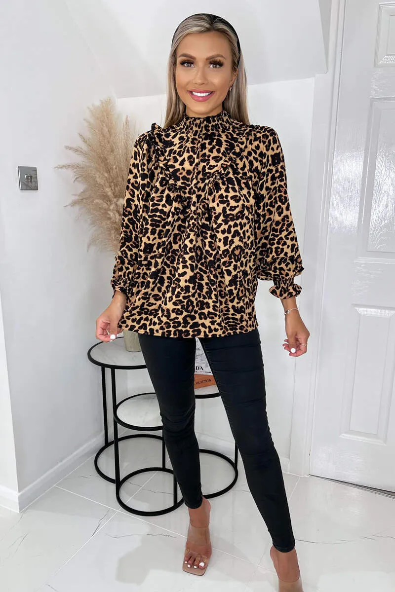 Brown Animal Print Ruffle Front Long Sleeve Top sold by AX Paris product image thumbnail 3