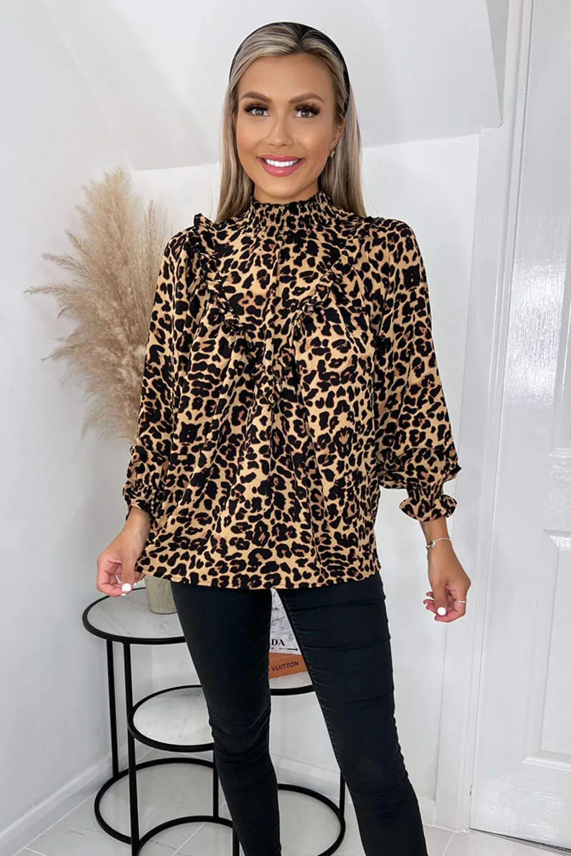 Brown Animal Print Ruffle Front Long Sleeve Top sold by AX Paris