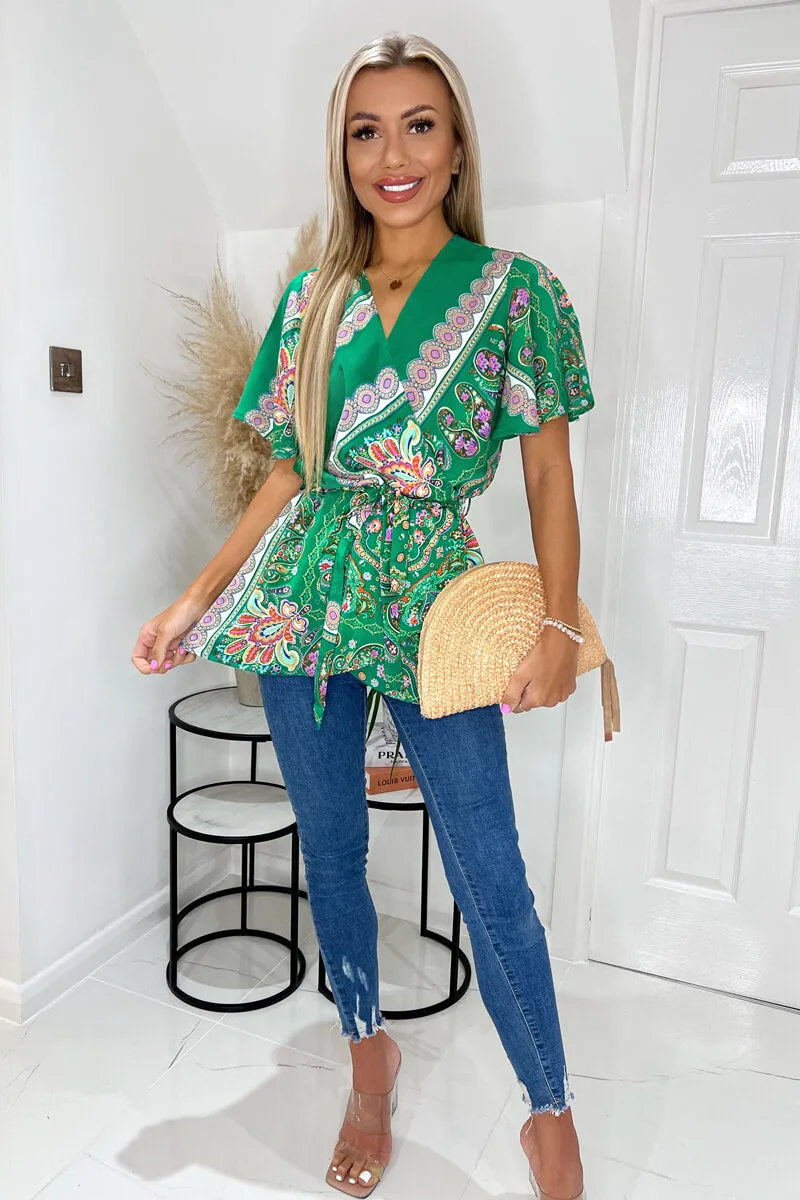 Green Paisley Printed Wrap Short Sleeve Belted Top sold by AX Paris product image thumbnail 2