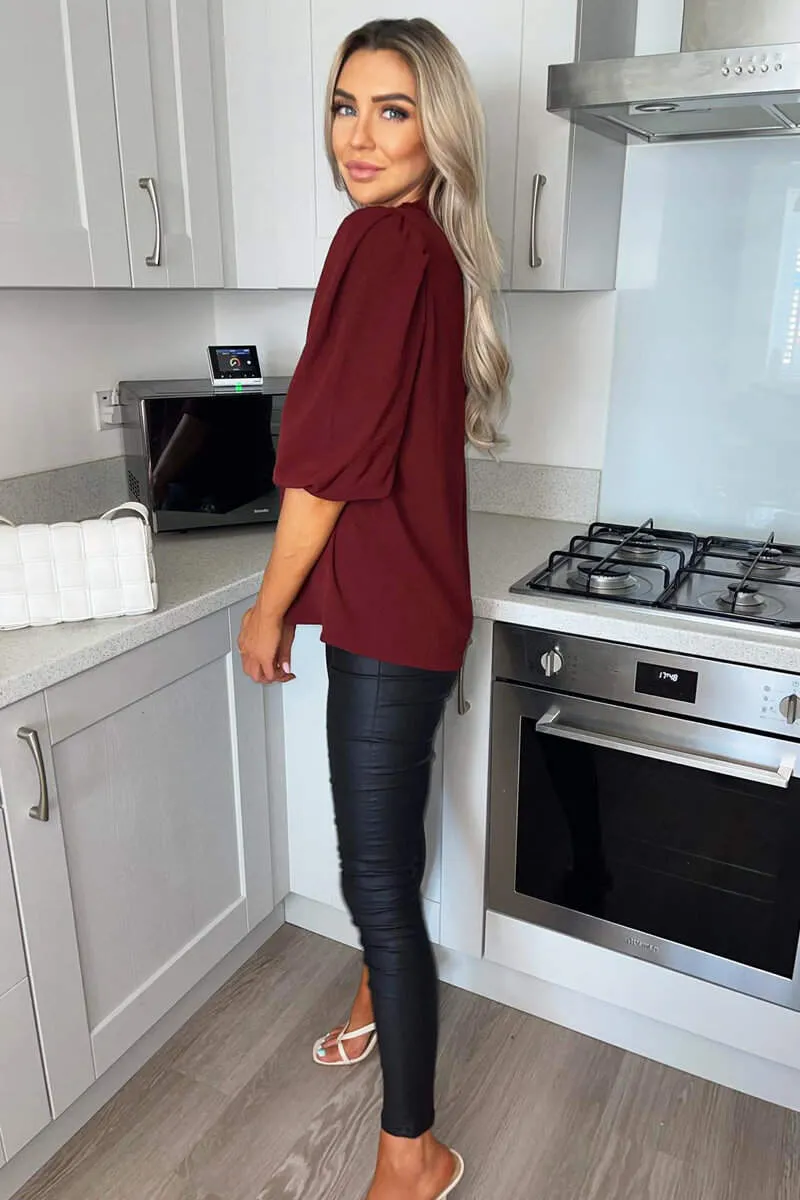 Wine Elasticated Neck Puff Sleeve Blouse sold by AX Paris product image thumbnail 3