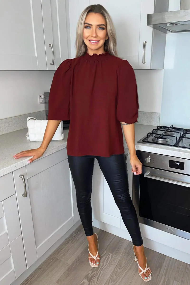 Wine Elasticated Neck Puff Sleeve Blouse sold by AX Paris product image thumbnail 2