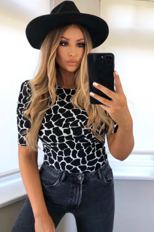 Black Printed Ruched Sleeve Bodysuit sold by AX Paris