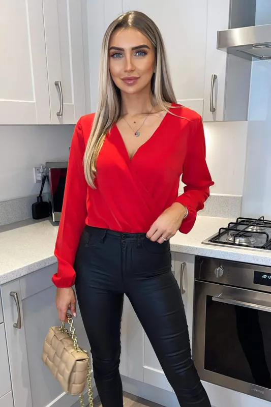 Red Wrap Over Bodysuit sold by AX Paris