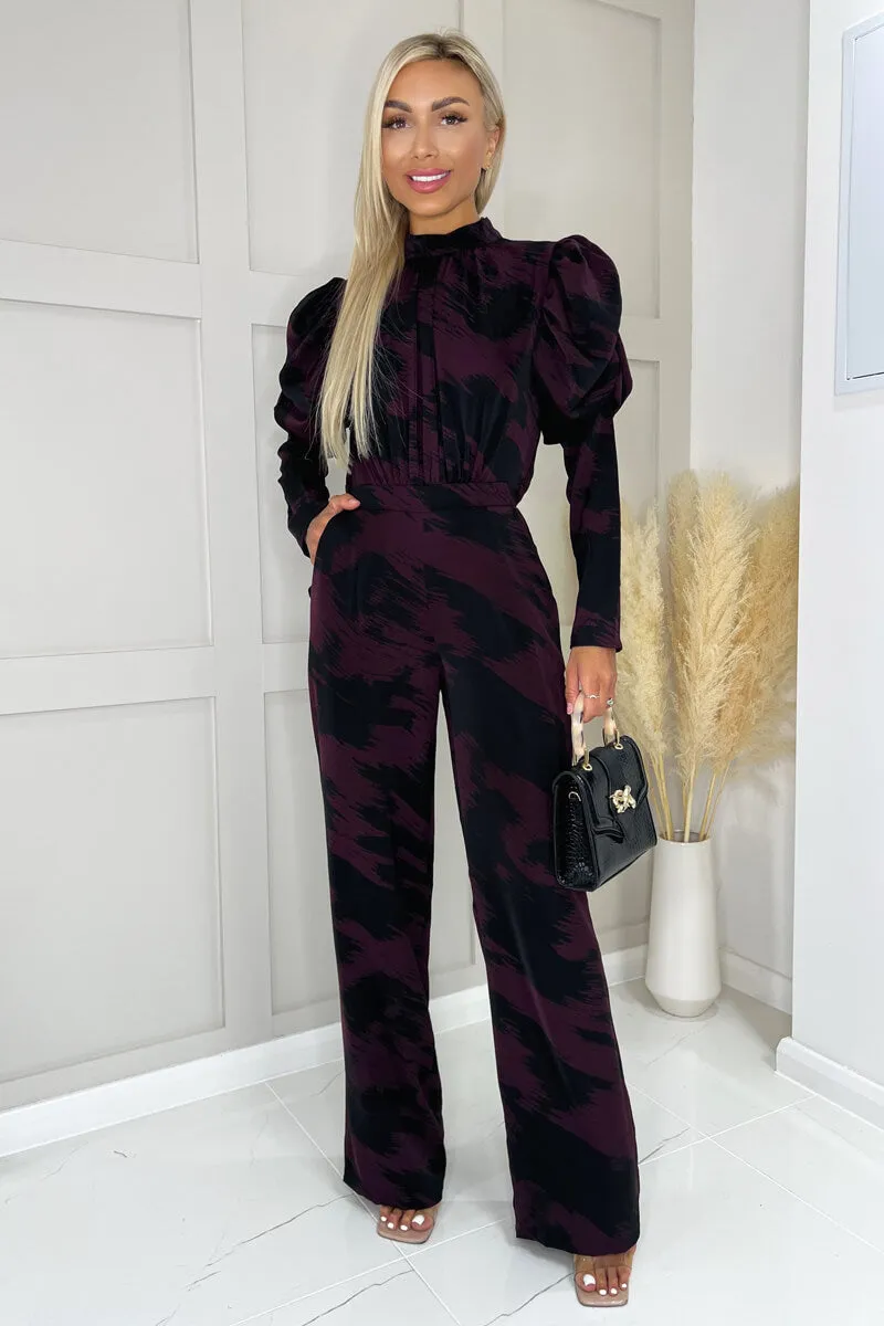 Wine Printed High Neck Puff Sleeve Jumpsuit sold by AX Paris