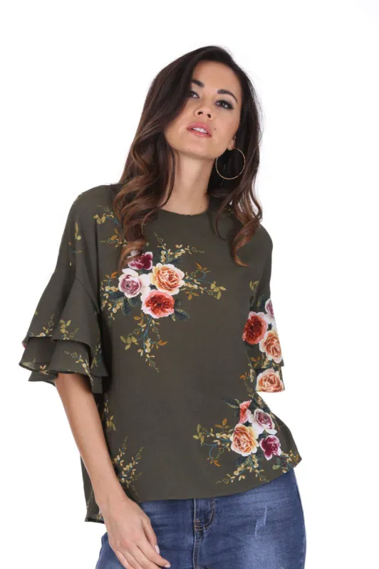 Khaki Printed Flared Sleeve Top sold by AX Paris
