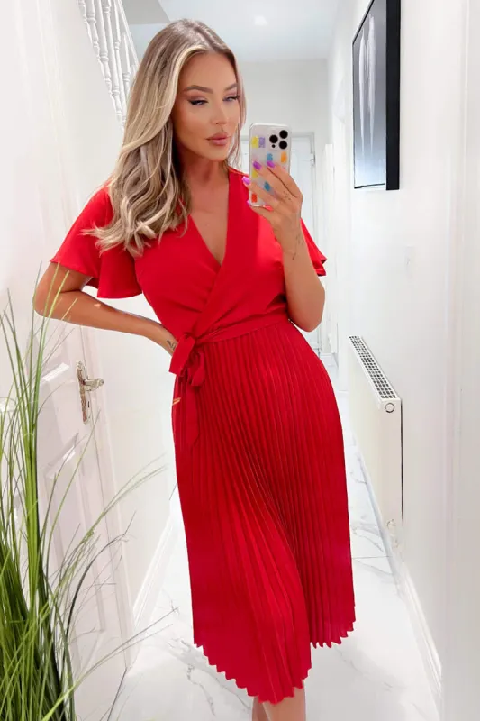 Red Belted Pleated Skirt Midi Dress sold by AX Paris