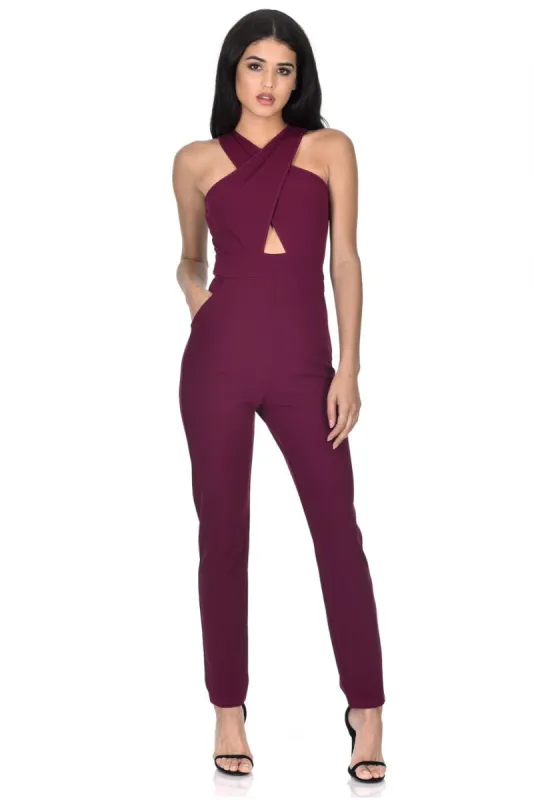 Plum Crossover Front Jumpsuit sold by AX Paris