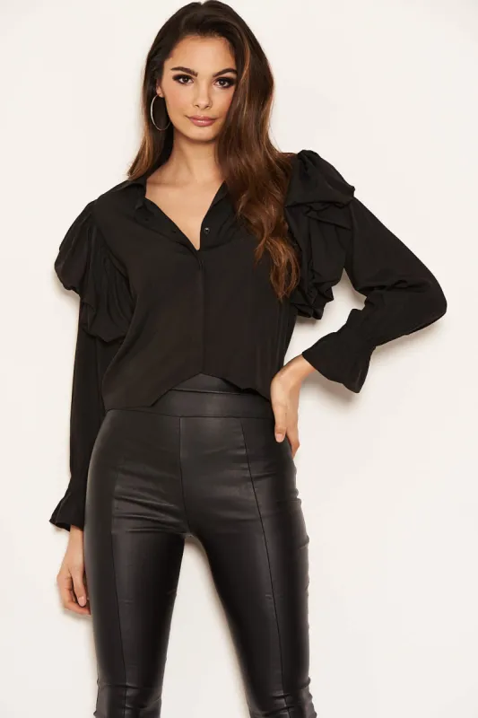 Black Cropped Frill Sleeve Shirt sold by AX Paris