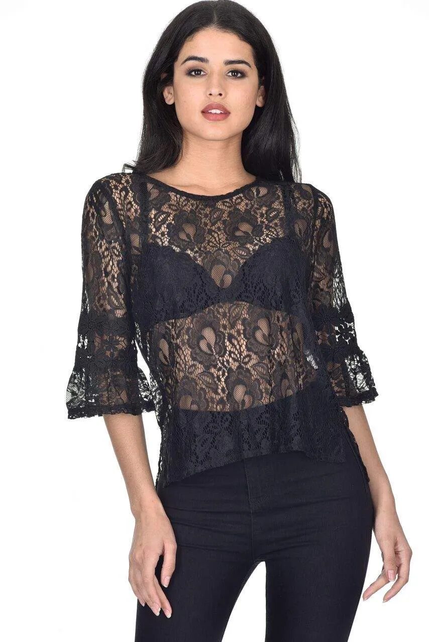 Black Lace Bell Sleeve Top sold by AX Paris