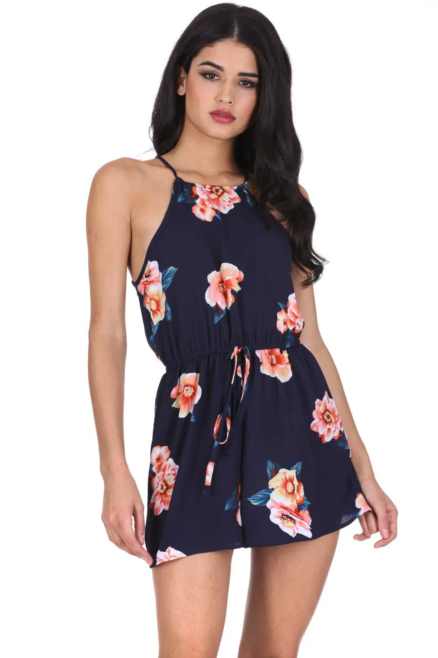 Navy Contrast Floral High Neck Playsuit sold by AX Paris product image thumbnail 5
