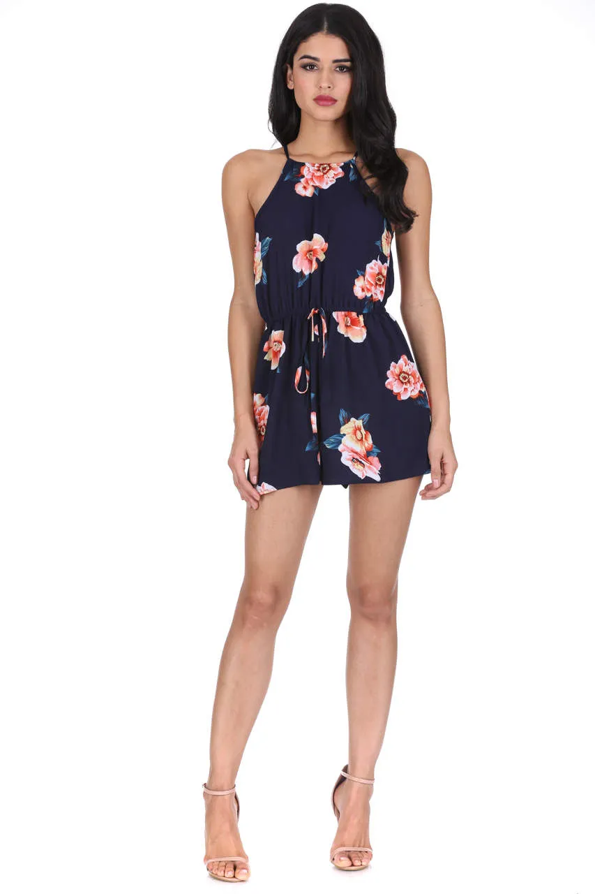 Navy Contrast Floral High Neck Playsuit sold by AX Paris product image thumbnail 2