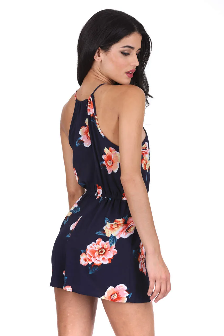 Navy Contrast Floral High Neck Playsuit sold by AX Paris product image thumbnail 3