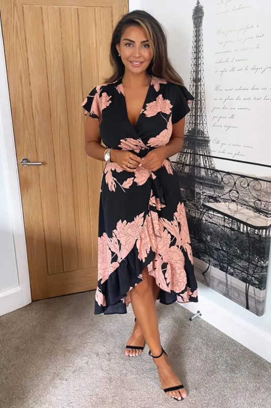 Black and Blush Floral Print Wrap Midi Dress sold by AX Paris