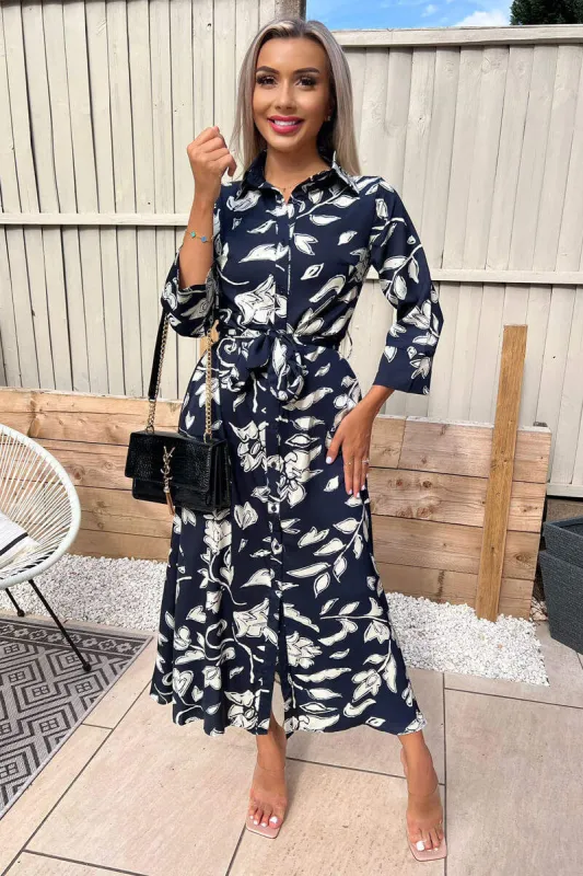 Navy And White Floral Printed Midi Shirt Dress sold by AX Paris