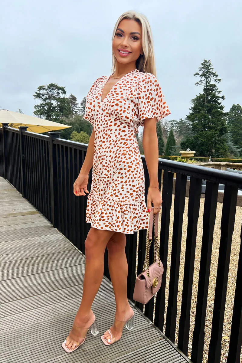 Cream And Brown Printed Short Sleeve V Neck Mini Dress sold by AX Paris product image thumbnail 4