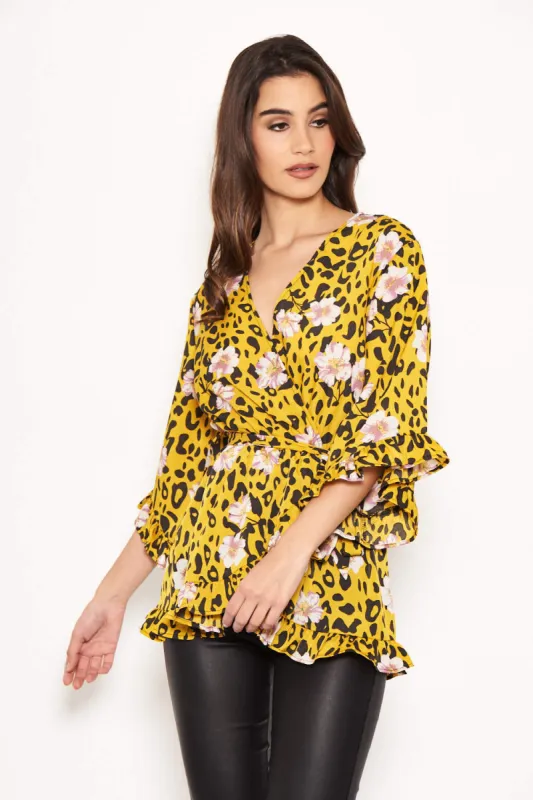 Yellow Animal Print Wrap Top sold by AX Paris