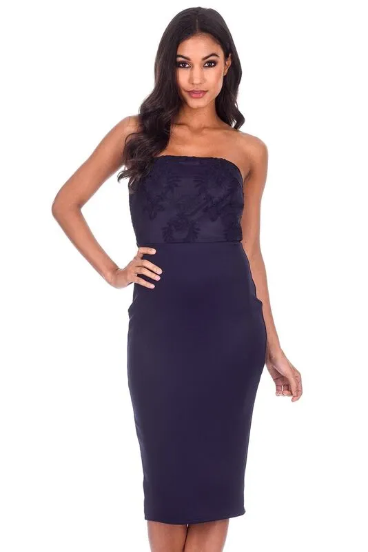 Navy Boob Tube Mesh Detail Midi Dress sold by AX Paris