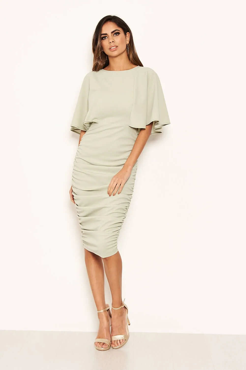 Sage Flared Sleeve Side Ruched Midi Dress sold by AX Paris product image thumbnail 3