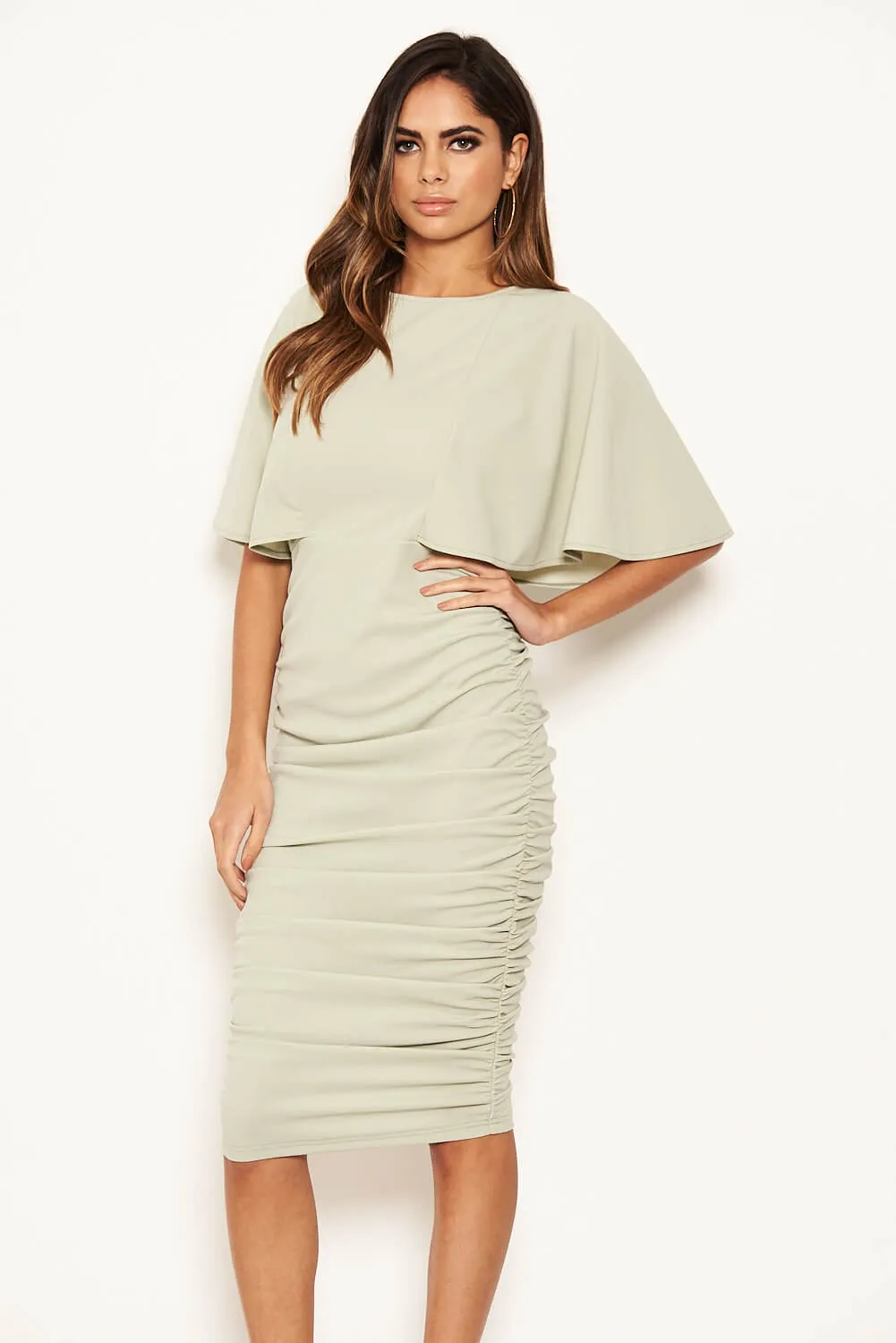Sage Flared Sleeve Side Ruched Midi Dress sold by AX Paris product image thumbnail 4