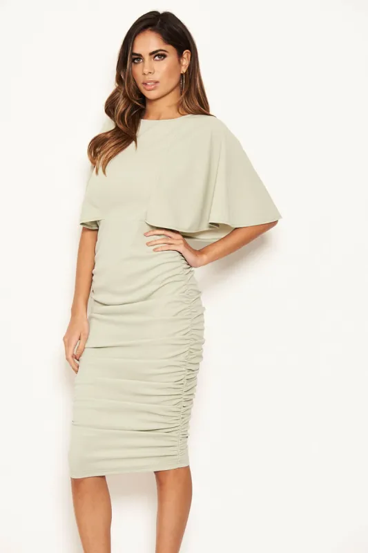 Sage Flared Sleeve Side Ruched Midi Dress sold by AX Paris