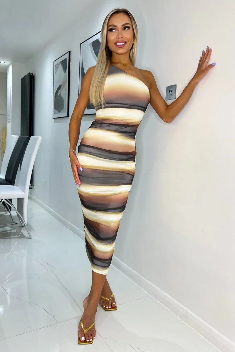 Brown Ombre Printed Mesh One Shoulder Bodycon Midi Dress sold by AX Paris