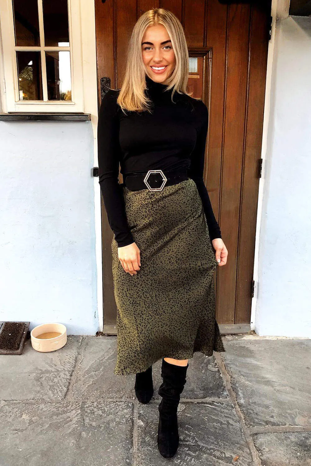 Khaki Animal Print Midi Skirt sold by AX Paris