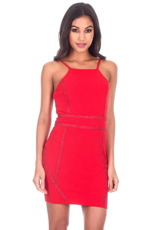 Red Strappy Stud Front Bodycon Mini Dress sold by AX Paris
