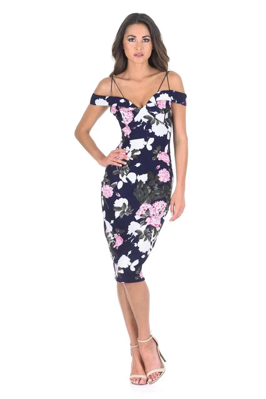 Navy Off Shoulder Floral Bodycon Midi Dress sold by AX Paris product image thumbnail 3