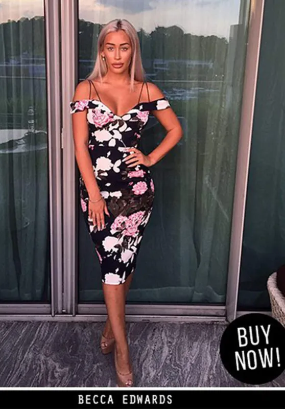 Navy Off Shoulder Floral Bodycon Midi Dress sold by AX Paris