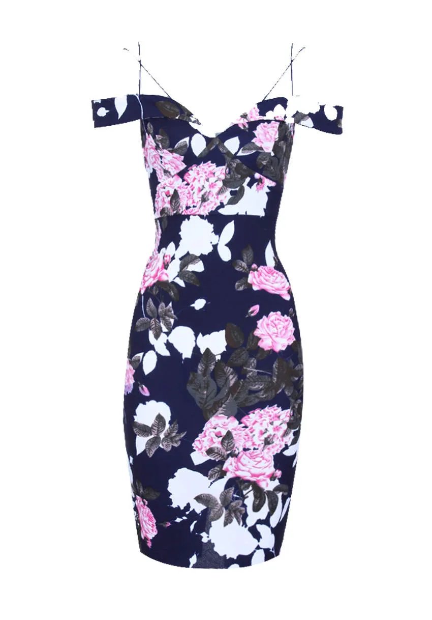 Navy Off Shoulder Floral Bodycon Midi Dress sold by AX Paris product image thumbnail 5