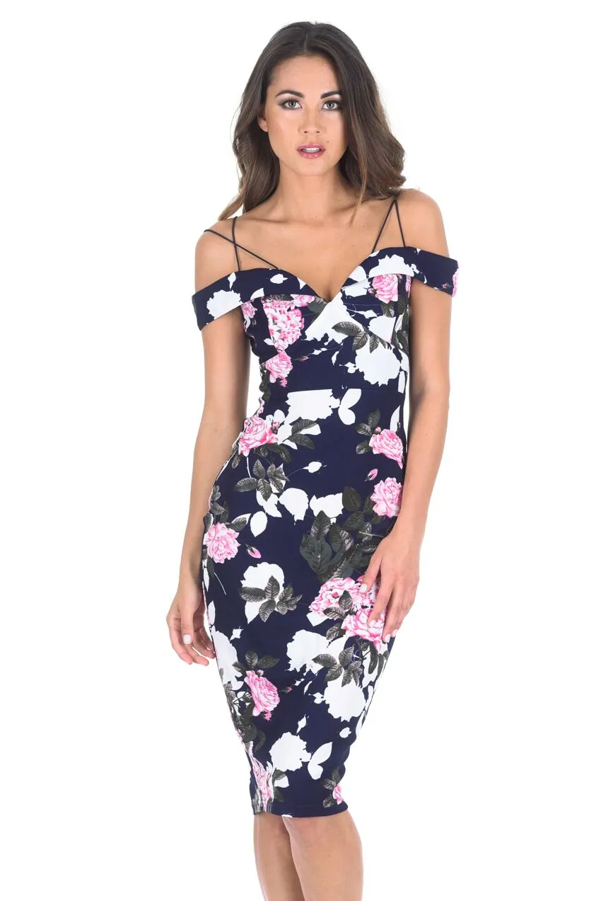 Navy Off Shoulder Floral Bodycon Midi Dress sold by AX Paris product image thumbnail 2