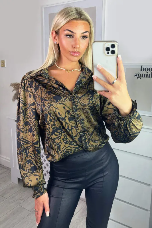 Black Butterfly Printed Button Up Shirt sold by AX Paris