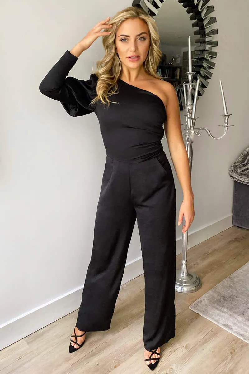 Black One Shoulder Puff Sleeve Jumpsuit sold by AX Paris