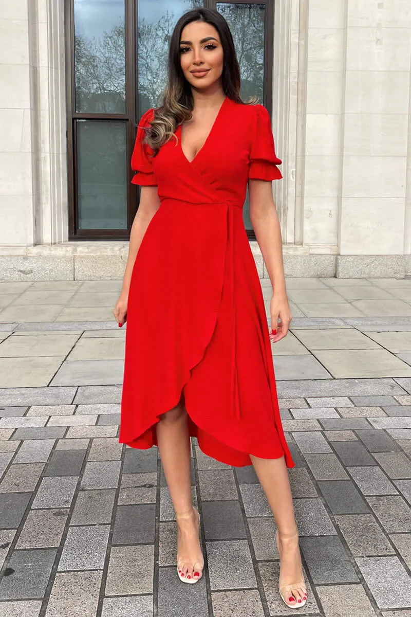 Red Wrap Side Tie Midi Dress sold by AX Paris