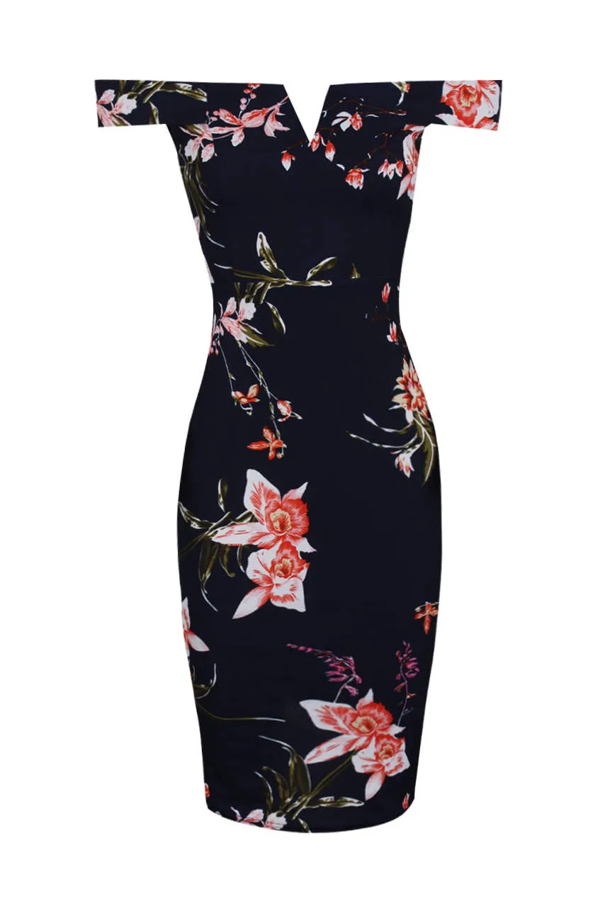 Navy Bardot Notch Front Floral Midi dress sold by AX Paris product image thumbnail 4