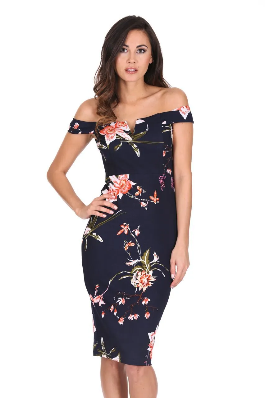 Navy Bardot Notch Front Floral Midi dress sold by AX Paris product image thumbnail 5