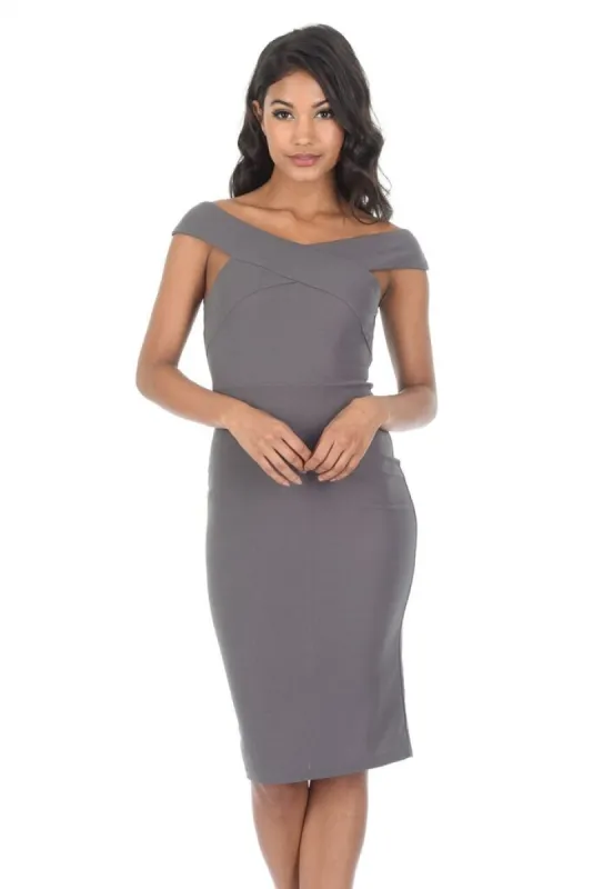 Pewter Cross Over Bardot Bodycon Dress sold by AX Paris